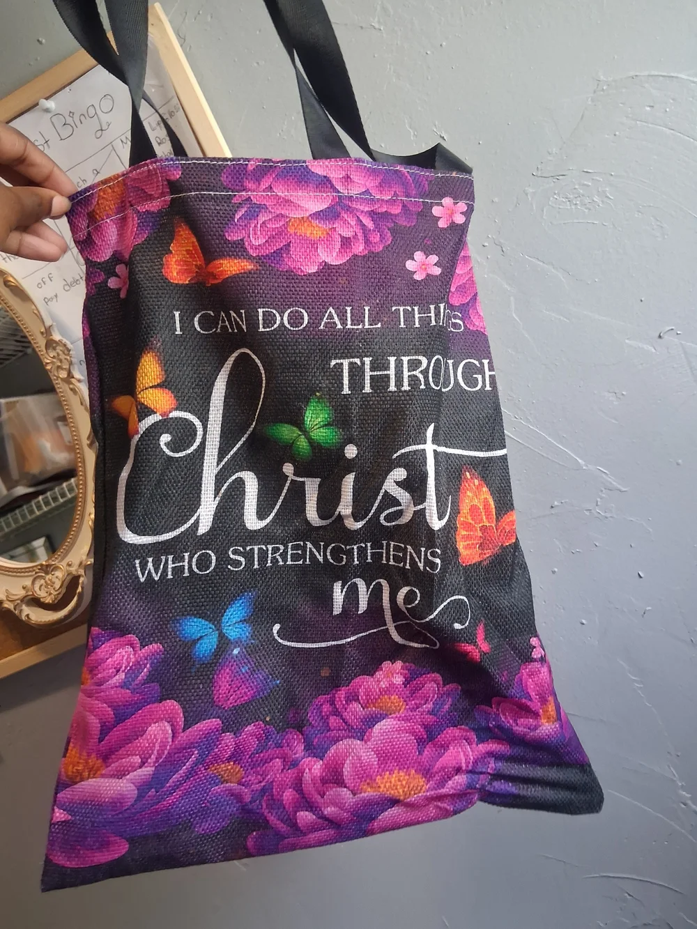 Floral Faith Tote Bag - Black with Purple Floral & Butterflies